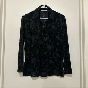 Whimsighot Black Velvet Burnout Sheer Floral Blouse Gothic Romantic Vintage90s M